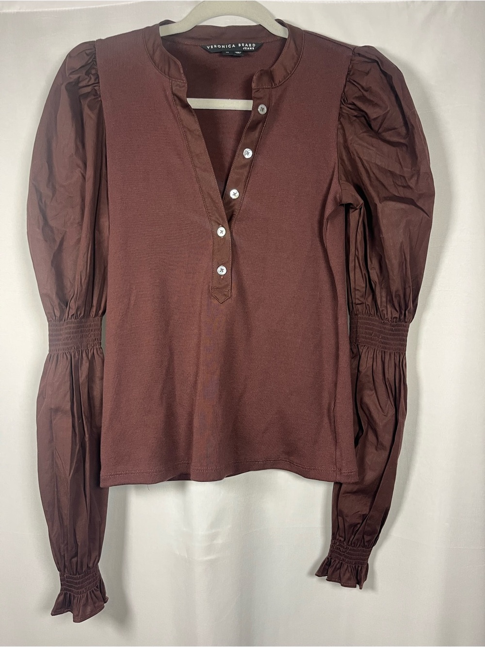Veronica beard effy puff sleeve brown Pima cotton ribbed top oxblood sz xs euc - Picture 3 of 7
